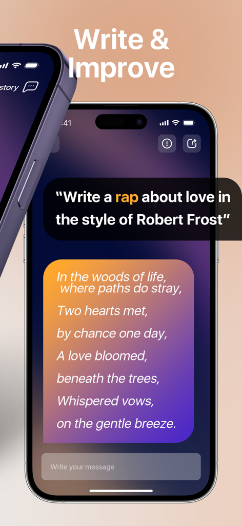 ChatMind - Instant AI Chat Bot - A smartphone showing ChatMind AI generating a rap poem in the style of Robert Frost