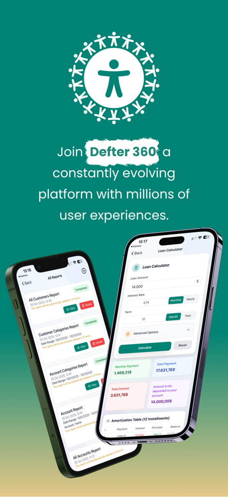 Budget and Money Manager - Defter 360 App zeigt einen Darlehensrechner und Finanzberichte auf zwei Mobiltelefonen an