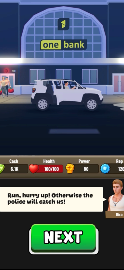 Pawn to Don Mafia Crime Story - Pawn to Don マフィア犯罪物語の銀行強盗シーン。キャラクターたちが逃走する様子と、銀行前に駐車された白い逃走用車両。