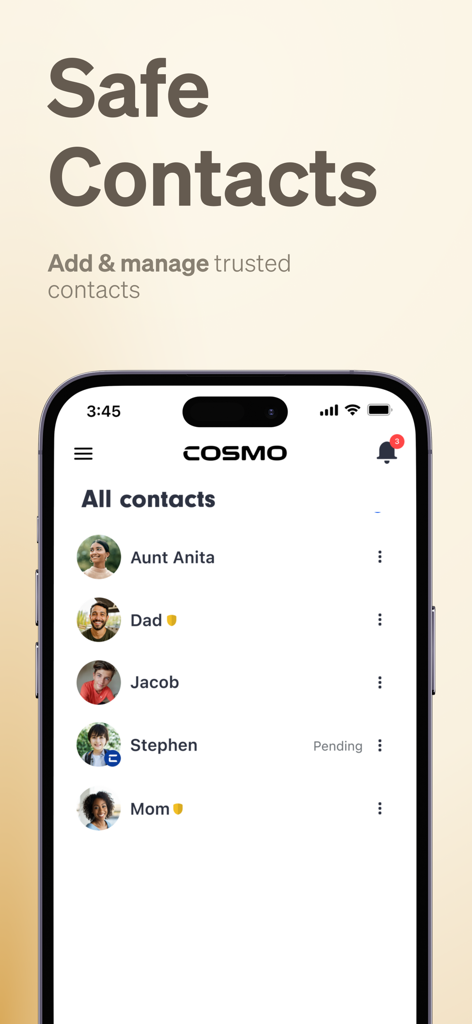 COSMO: Mission Control - A screenshot of the COSMO Mission Control app showing the Safe Contacts management screen with a list of trusted family members