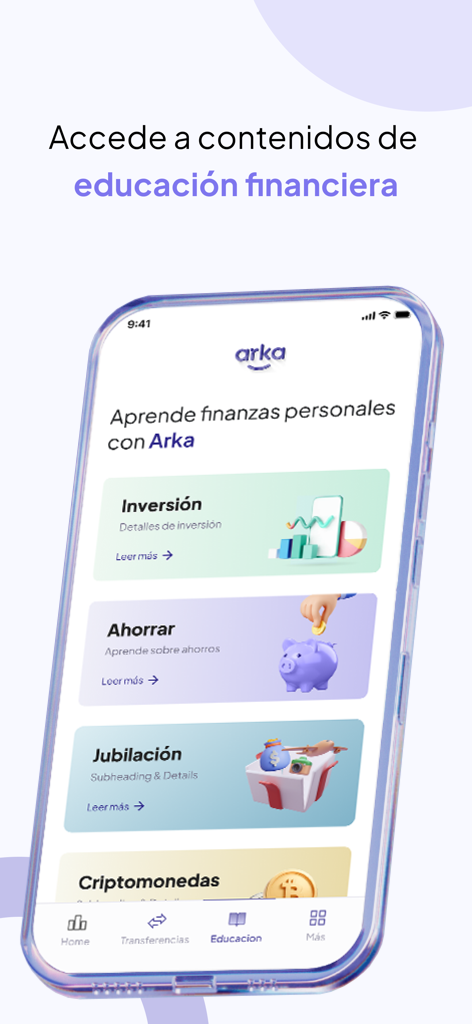 Arka - Tela móvel do aplicativo Arka exibindo módulos de educação financeira para poupança de investimento, aposentadoria e criptomoeda em espanhol