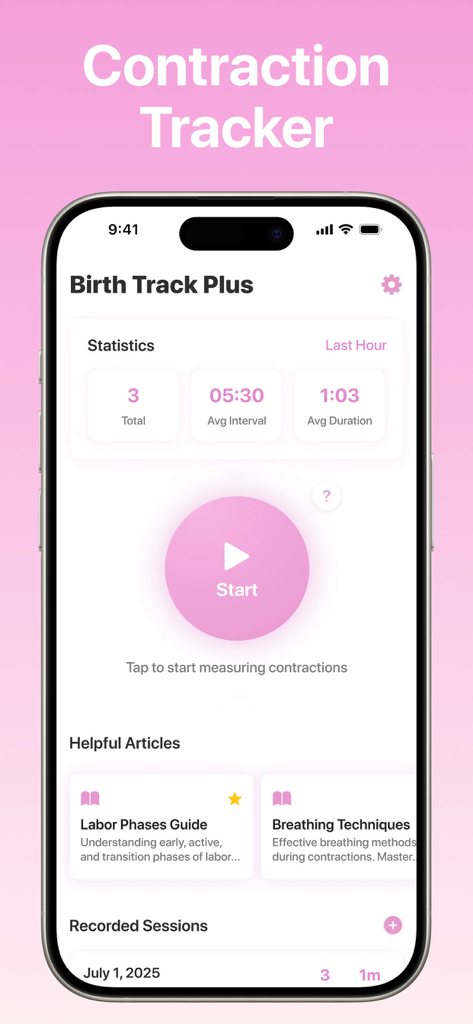 Contraction Timer Tracker . - Interfaz de aplicación móvil para registrar contracciones con estadísticas de parto y guías educativas