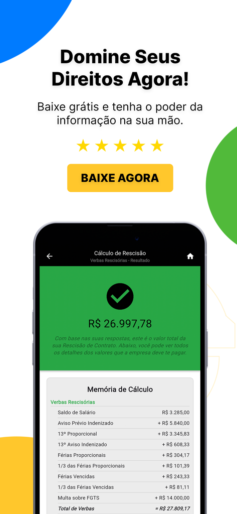 Promotional image for O Trabalhador app showing a severance pay calculation result