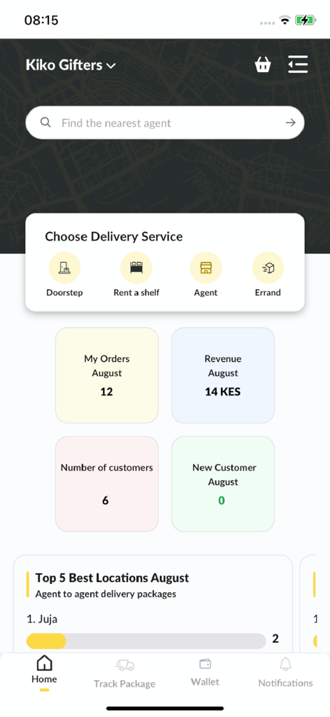 Pickup Mtaani - Pantalla de inicio de la aplicación Pickup Mtaani que muestra servicios de entrega y panel de analítica de negocios