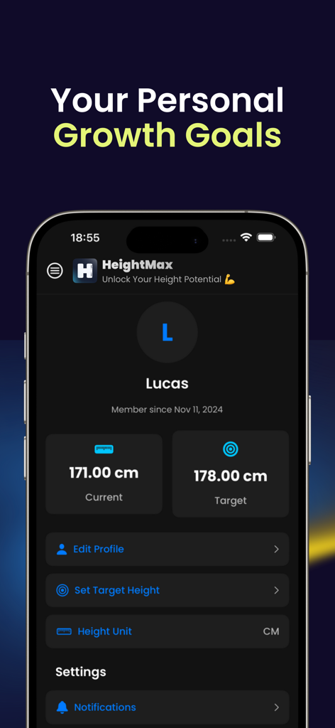 HeightMax app profile screen showing a user named Lucas with a current height of 171 cm and a target height of 178 cm