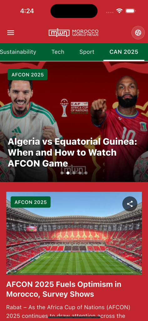 Morocco World News Mobile App-Oberfläche mit dem Sportbereich mit AFCON 2025-Nachrichten-Schlagzeilen und Artikeln