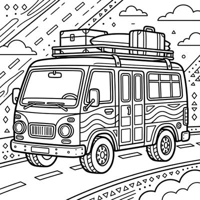 Get ready for an imaginative journey with this delightful mini bus coloring page. Featuring a classic van loaded for adventure, it's perfect for all ages to bring to life with vibrant colors.