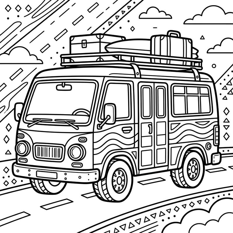 Get ready for an imaginative journey with this delightful mini bus coloring page. Featuring a classic van loaded for adventure, it's perfect for all ages to bring to life with vibrant colors.