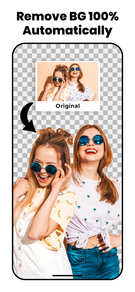 App interface demonstrating 100 percent automatic background removal on a photo of two women