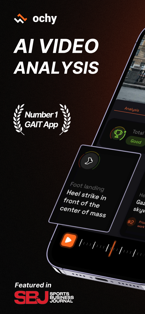 Running & gait analysis - Ochy - Ochy app interface showing AI running gait analysis and foot landing metrics on a smartphone