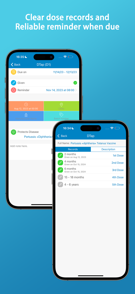 Screenshots of the Vaccines Log app showing dose records and reminders for vaccines like DTap