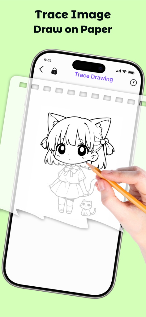 AR Drawing - Draw Sketch - Una mano trazando un lindo personaje de anime en papel usando una aplicación móvil de dibujo AR