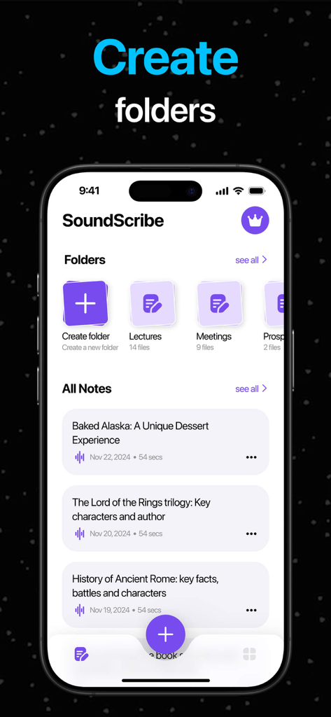 Fathom - AI Note Taker - Fathom AI Note Taker mobile App-Oberfläche mit organisierten Ordnern für Vorlesungen und Besprechungen neben einer Liste aktueller Notizen