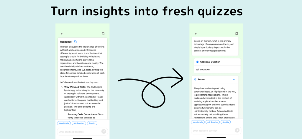 AI Teacher: Scan Text & Quiz - Interfaz de la aplicación Profesor IA mostrando un resumen de texto que se convierte en un cuestionario de estudio interactivo