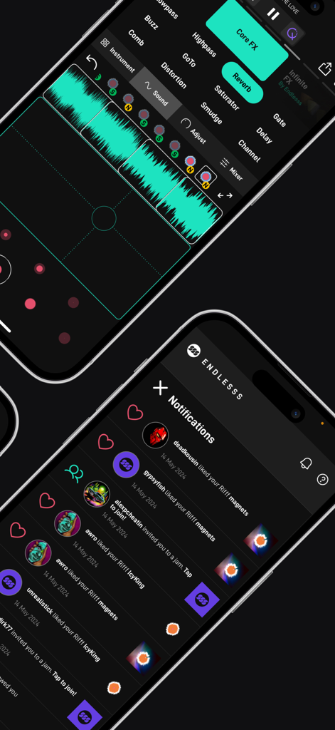 Endlesss - Multiplayer Music - Two smartphones showing the Endlesss app interface with music creation tools and a social notification feed for collaborative jams.