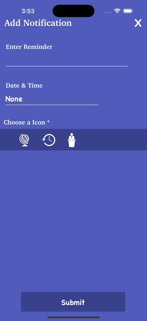 World General Knowledge - GK - La pantalla Añadir Notificación en la aplicación World General Knowledge mostrando campos para introducir un recordatorio, seleccionar una fecha y hora, y elegir un icono de categoría.