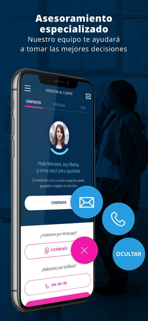 Mutuactivos - Pantalla de la aplicación Mutuactivos que muestra opciones especializadas de contacto con asesores financieros y herramientas de comunicación