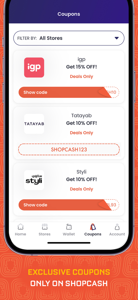 Interfaz de la aplicación ShopCash mostrando cupones de tienda exclusivos y códigos promocionales.