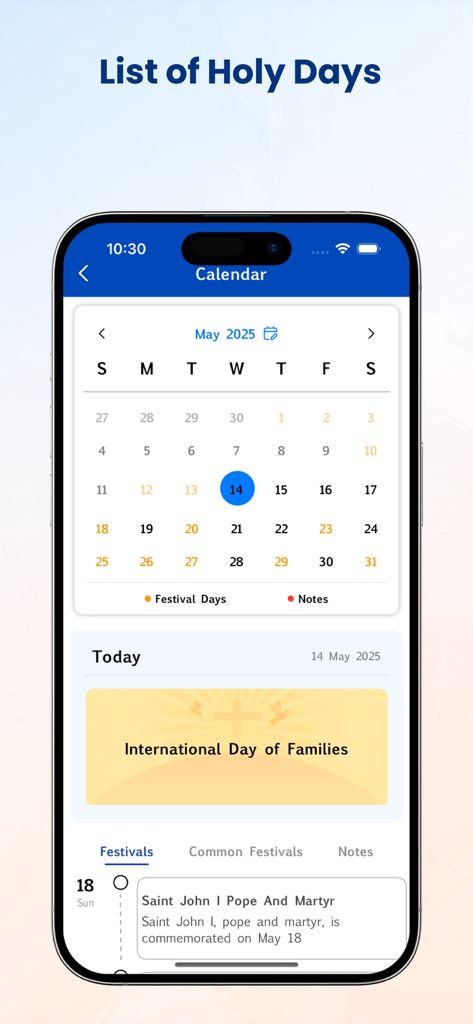 A calendar screen in the NIV Bible app showing a list of holy days and religious festivals.