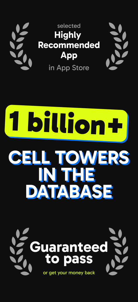 Cellular Tower － Signal Finder - Schermata promozionale dell'app Cellular Tower Signal Finder che mostra un database di oltre 1 miliardo di torri cellulari.