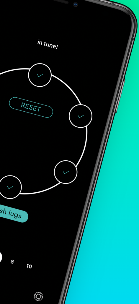 Drum tuner app screen showing a circular lug matching interface with in tune status