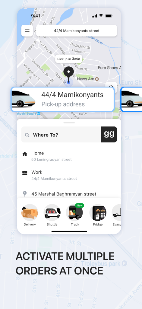 Interface of the gg app showing a map and a list of services including delivery shuttle and truck options
