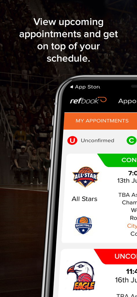 Smartphone affichant l'écran Mes affectations de l'application refbook avec les détails du match de basketball programmé pour les arbitres sportifs
