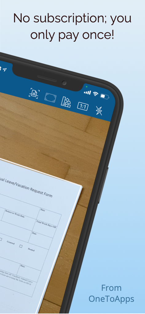 ScanBox – PDF Scanner & OCR - iPhone-Bildschirm, der die ScanBox-App beim Scannen eines Dokuments mit einer Nachricht über einmalige Zahlung und keine Abonnements anzeigt