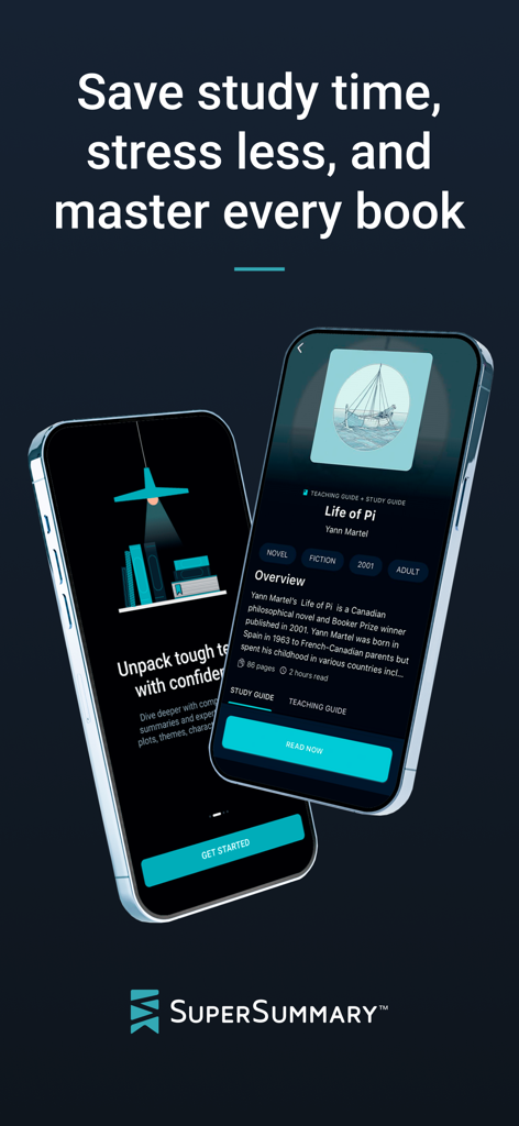 SuperSummary app interface showing literature study guides and book analysis