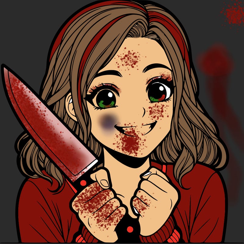 a realistic girl holding a knife and grinning