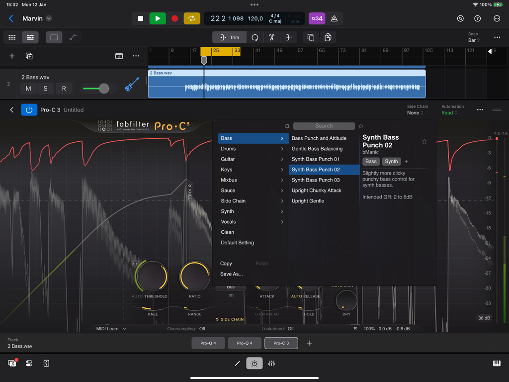 FabFilter Pro-C 3 compressor interface featuring bass presets on iPad