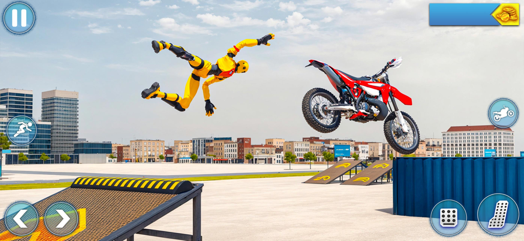 Moto Bike Ragdoll Fall Crash - 도시 스턴트 코스에서 빨간색 더트 바이크에서 추락한 후 공중을 날아가는 노란색 래그돌 캐릭터