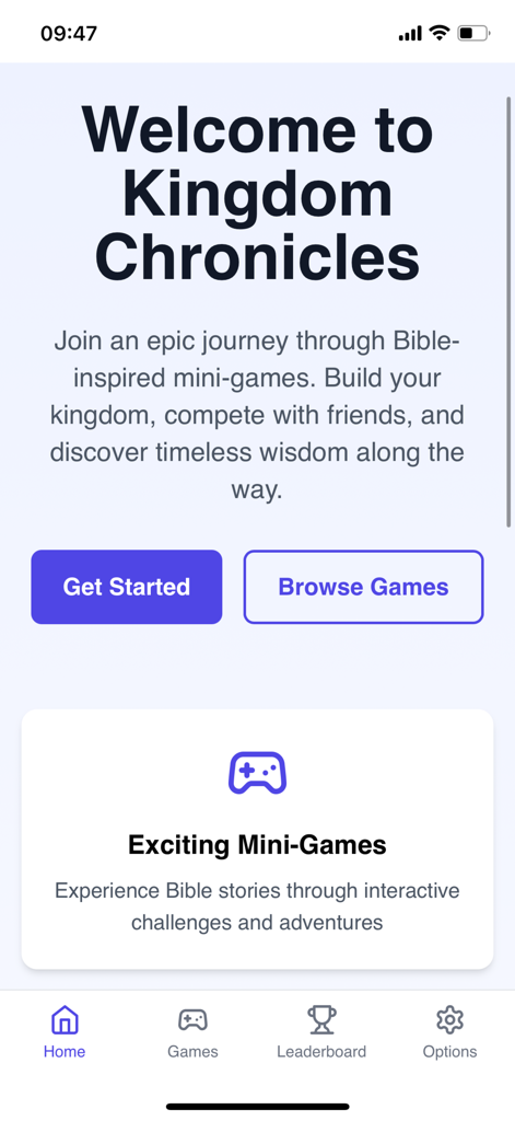 Kingdom Chronicles - Kingdom Chronicles app welcome screen with Get Started and Browse Games buttons.