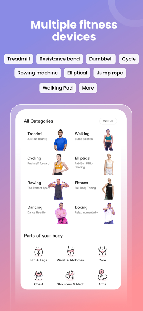 SPAX - Interface of the SPAX app featuring different workout categories and target body parts
