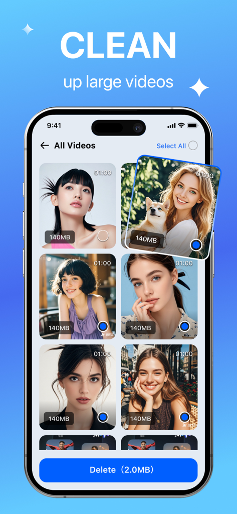 PhoneCleaner·AI ClearSpace - Interface of the PhoneCleaner AI ClearSpace app showing how to identify and delete large videos to reclaim storage.