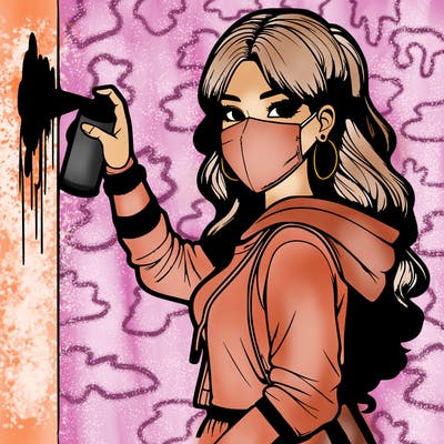 realistic girl with mask spray painting a wall