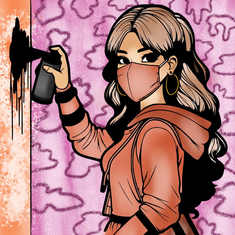 realistic girl with mask spray painting a wall