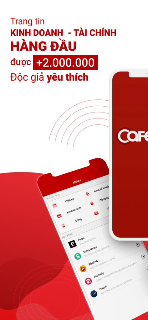 베트남어로 비즈니스 및 금융 뉴스 카테고리를 보여주는 CafeBiz 모바일 앱 인터페이스