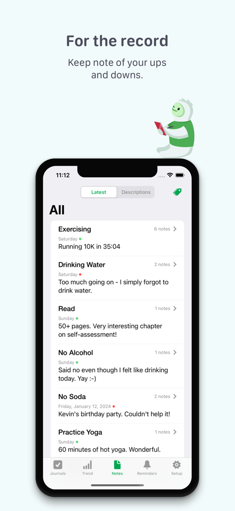 Pantalla del iPhone que muestra la función de notas y diario del rastreador de hábitos Way of Life con una lista de hábitos y entradas diarias.
