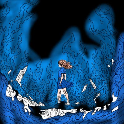 there is fire evey where and a girl standing