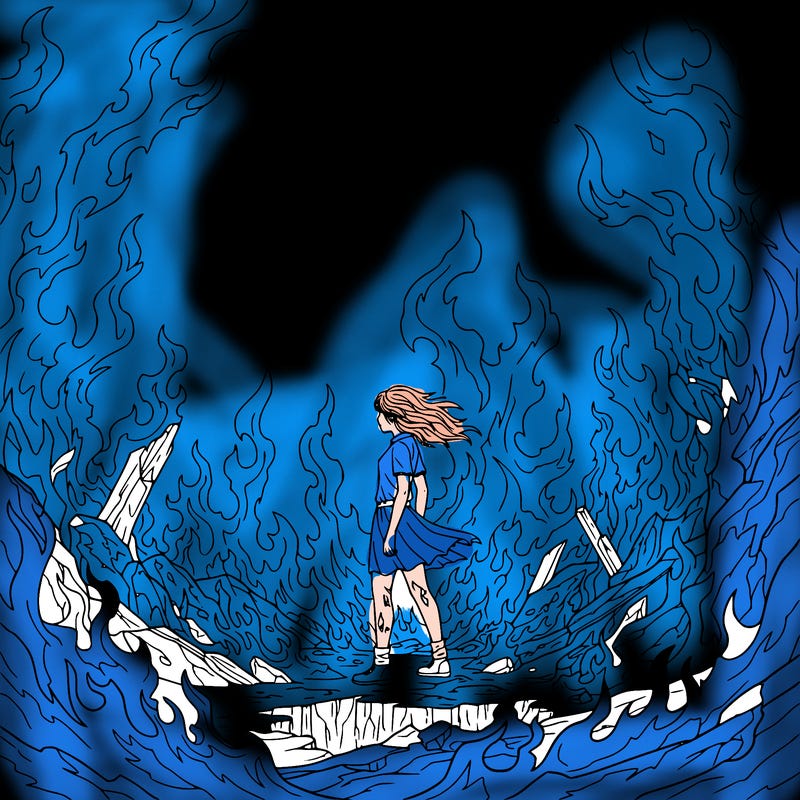 there is fire evey where and a girl standing