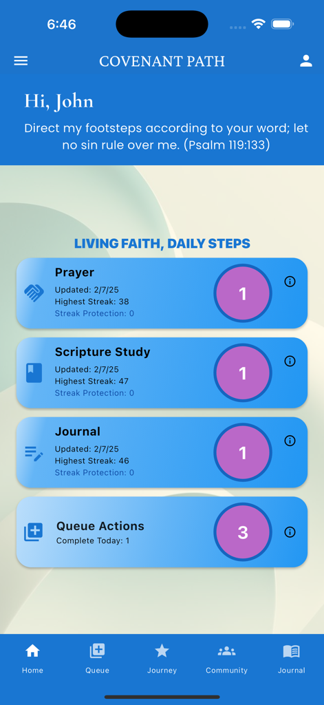Covenant Path - Covenant Path app home screen showing daily spiritual habits including prayer scripture study and journaling tracking