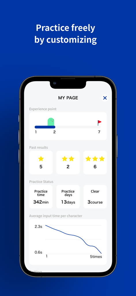 Reflick: Japanese Flick Typing - Écran des statistiques de l'application montrant le temps de pratique de la frappe japonaise et un graphique d'amélioration de la vitesse.