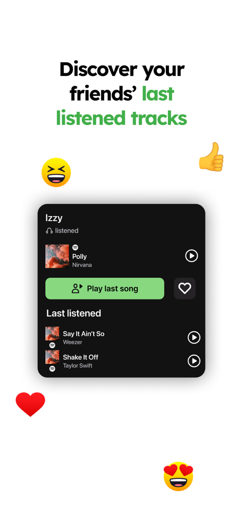 MUBR - see what friends listen - Spotify에서 친구의 마지막 재생 목록을 보여주는 MUBR 앱 화면과 마지막 곡 재생 버튼