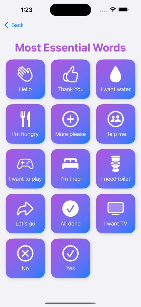 MyVoice AAC Autism Talker - Grid of essential communication cards for nonverbal children in MyVoice AAC app.