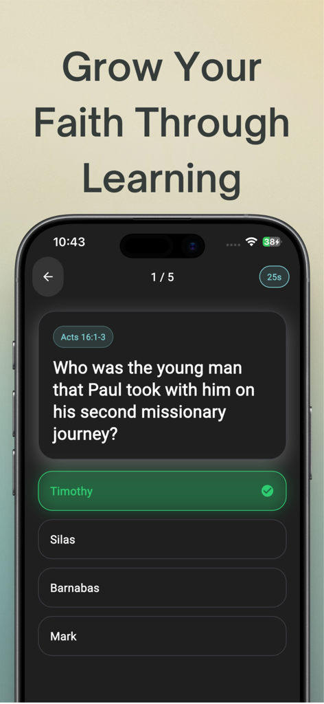 Bible Journey: Visual Stories - Bible Journey app interface showing a Bible trivia quiz question with multiple choice answers.