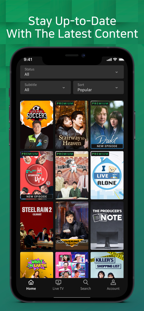 OnDemandKorea: Korean Dramas - 온디맨드코리아 모바일 앱의 홈 화면, 천국의 계단 및 나 혼자 산다와 같은 한국 드라마 및 예능 쇼 큐레이션 선택 표시