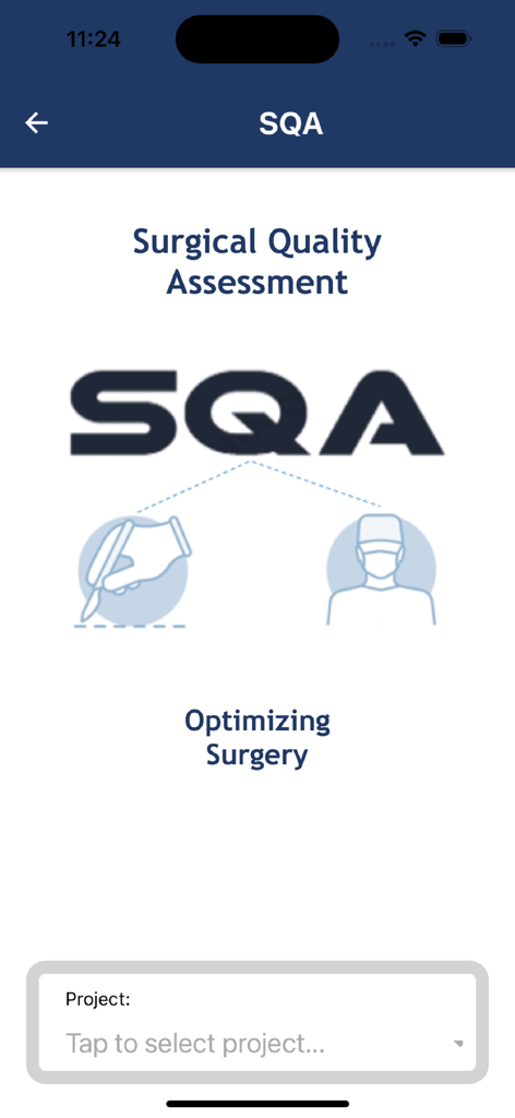 SQA App - Home screen of the SQA app for Surgical Quality Assessment featuring a project selection menu and surgical illustrations