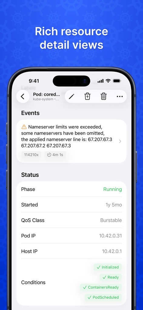 Nautik for Kubernetes - La aplicación Nautik muestra el estado detallado del pod de Kubernetes y los registros de eventos en un iPhone