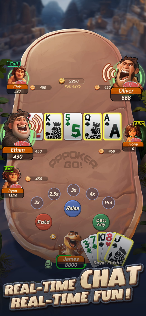 Mobile poker gameplay on PPPoker Go featuring real-time voice chat and prehistoric themed avatars